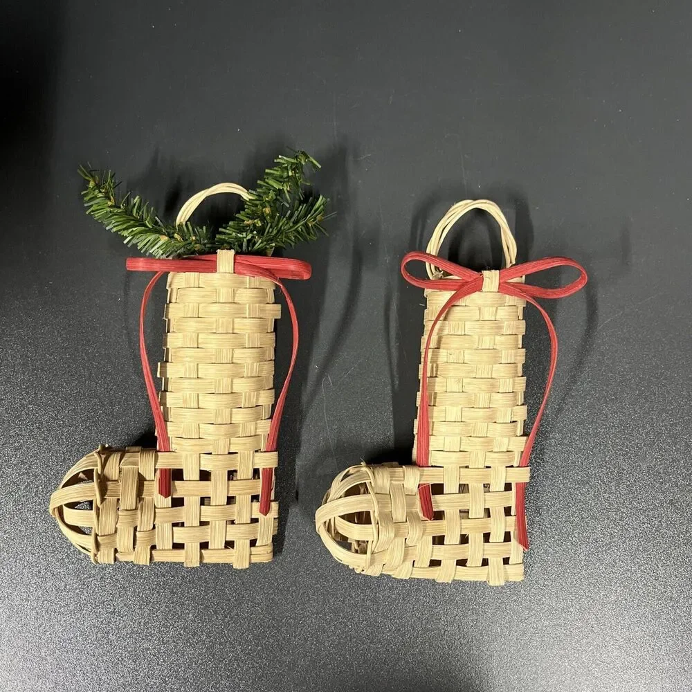 Vintage Christmas Santa‎ Sock Decor Ornament Bamboo Handmade Signed Rare (READ)